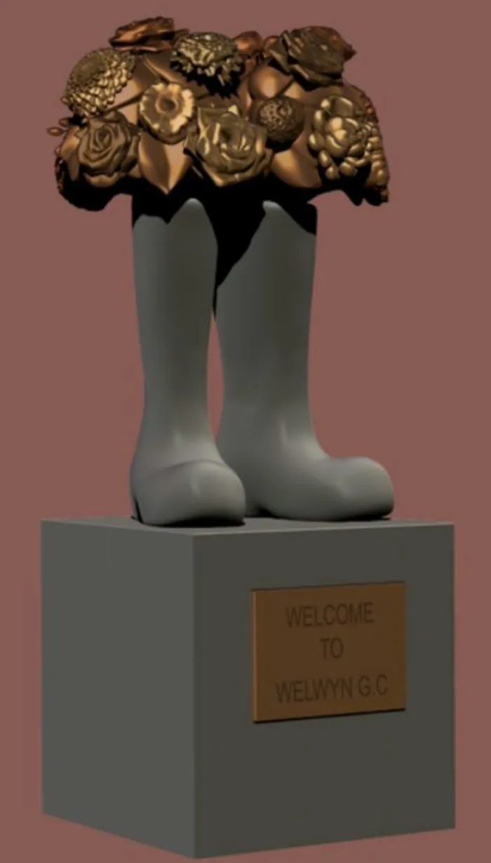 Concept image of the planned sculpture: a pair of wellington boots filled with bronze flowers, standing on a plinth with a plaque reading Welcome to Welwyn G.C.